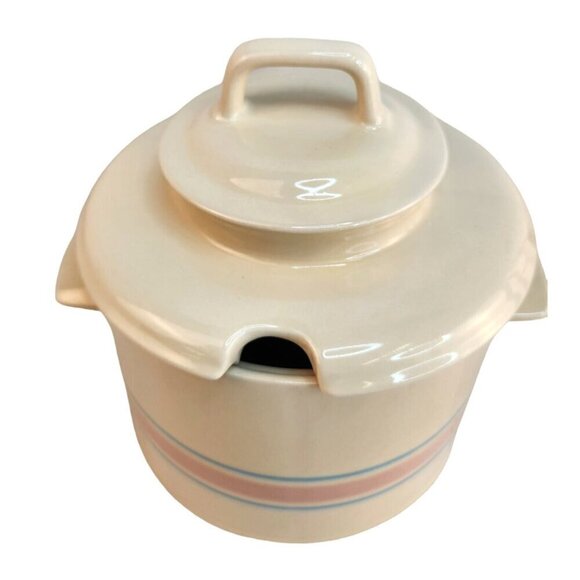 McCoy Pottery Blue Stripe Pink Band Bean Pot Casserole Dish Spoon Divot 0164 - Picture 4 of 16